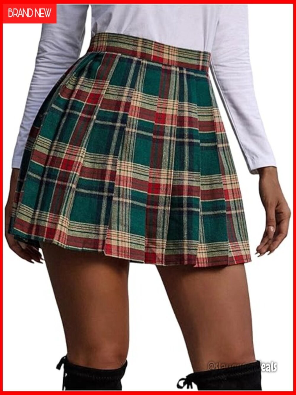 Plaid Print Skater Skirt High Waist Pleated Hem Mini Skirt
